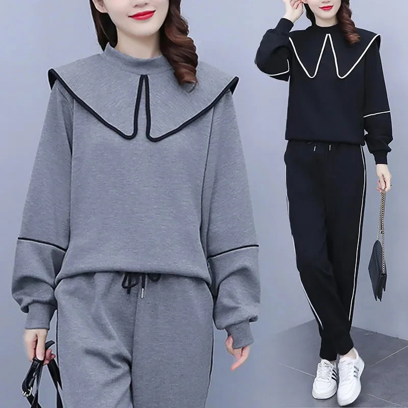 

Женский спортивный костюм из двух предметов, повседневный Свободный пуловер и штаны-шаровары, серого цвета, размеры до 5XL, на весну 110 кг