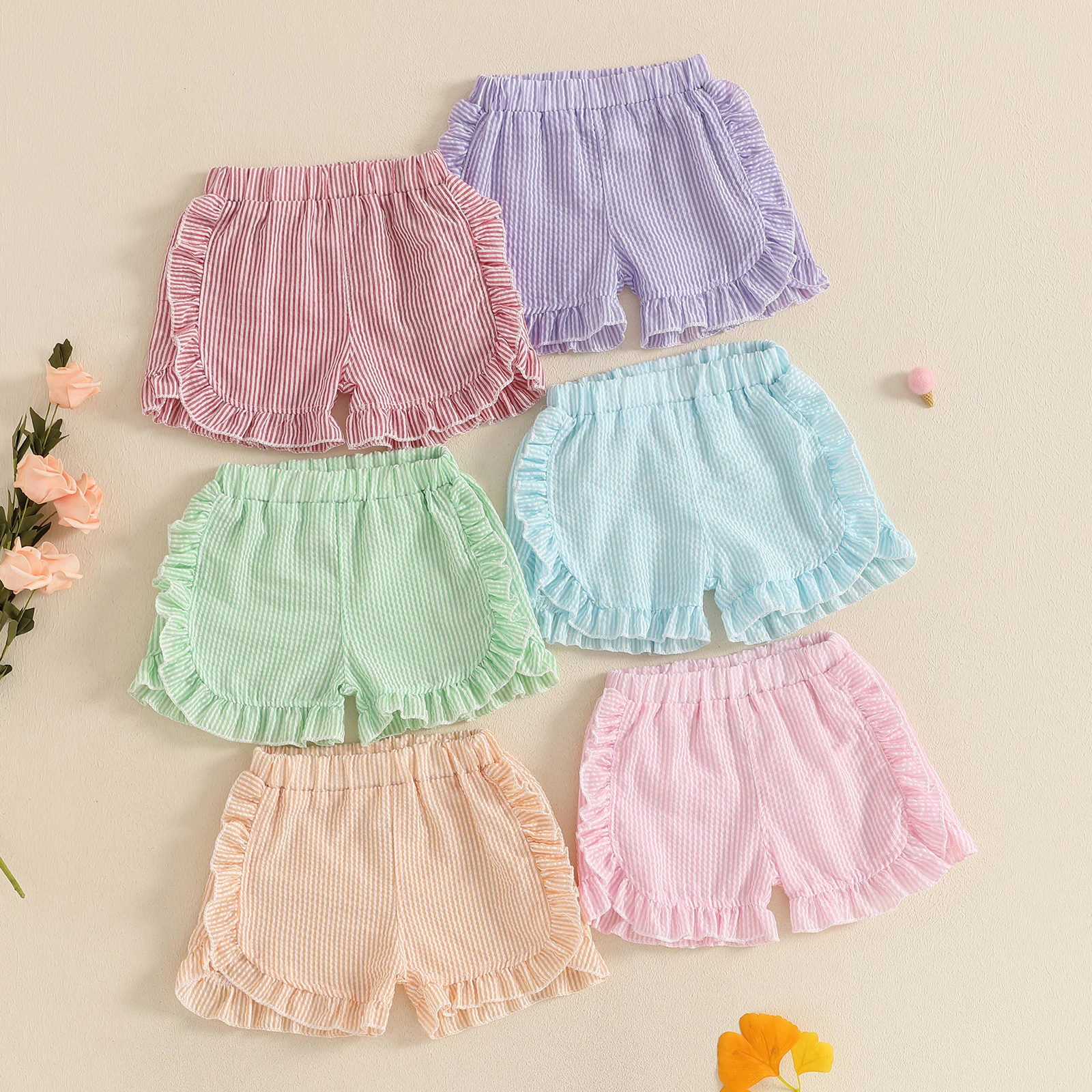 FOCUSNORM 0-4Y Lovely Kids Girls Summer Shorts 6 Colors Striped Ruffles Lotus Cute Fashion Comfortable Soft Shorts
