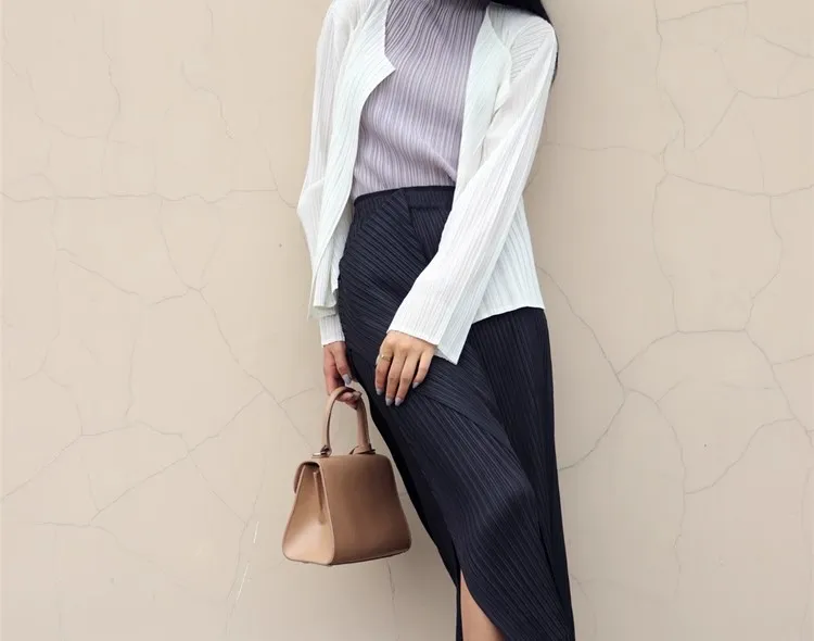 Women Irregular Pleated Skirts Solid Color Spring Summer Female Casual A- Line Midi Skirts Lady High Waist Side Split Skirts