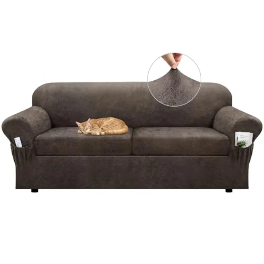 Sofa Slipcover with Armrest Pockets 3-Piece Set, Stretch Faux Leather Couch Cover for Couches Fits 7-9" - Non-Slip, Machine Was