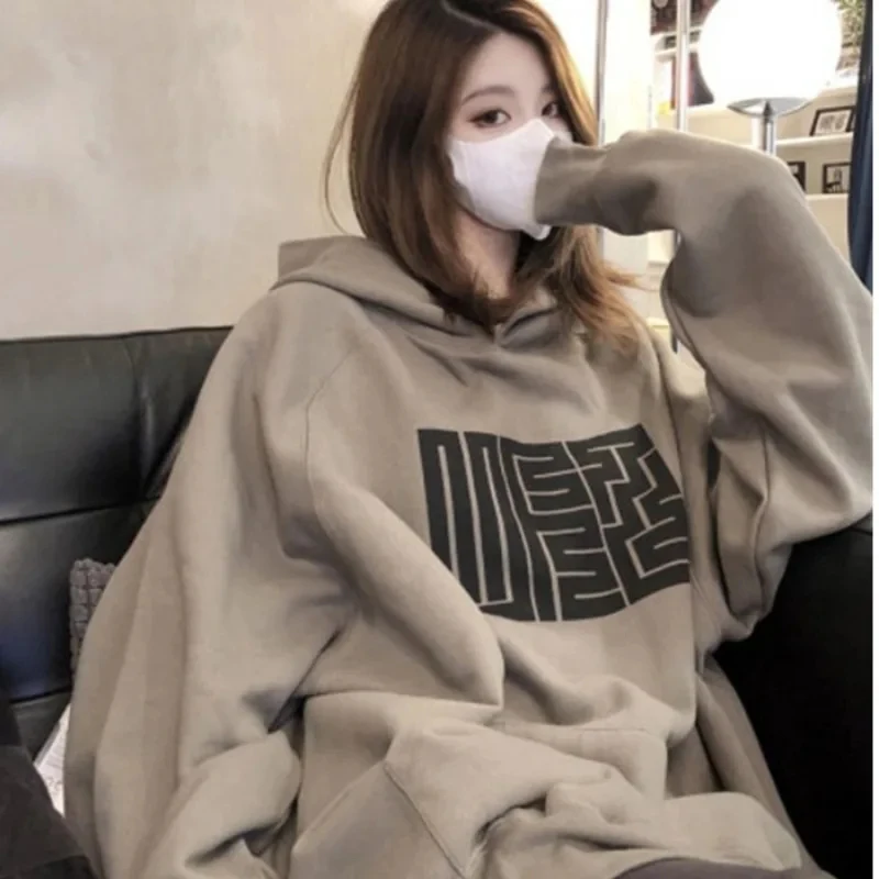2023 Autumn Winter Women's Baggy Long Sleeve Vintage Print Sweatshirts American Retro Knitwear Top Female Fashion Hoodies