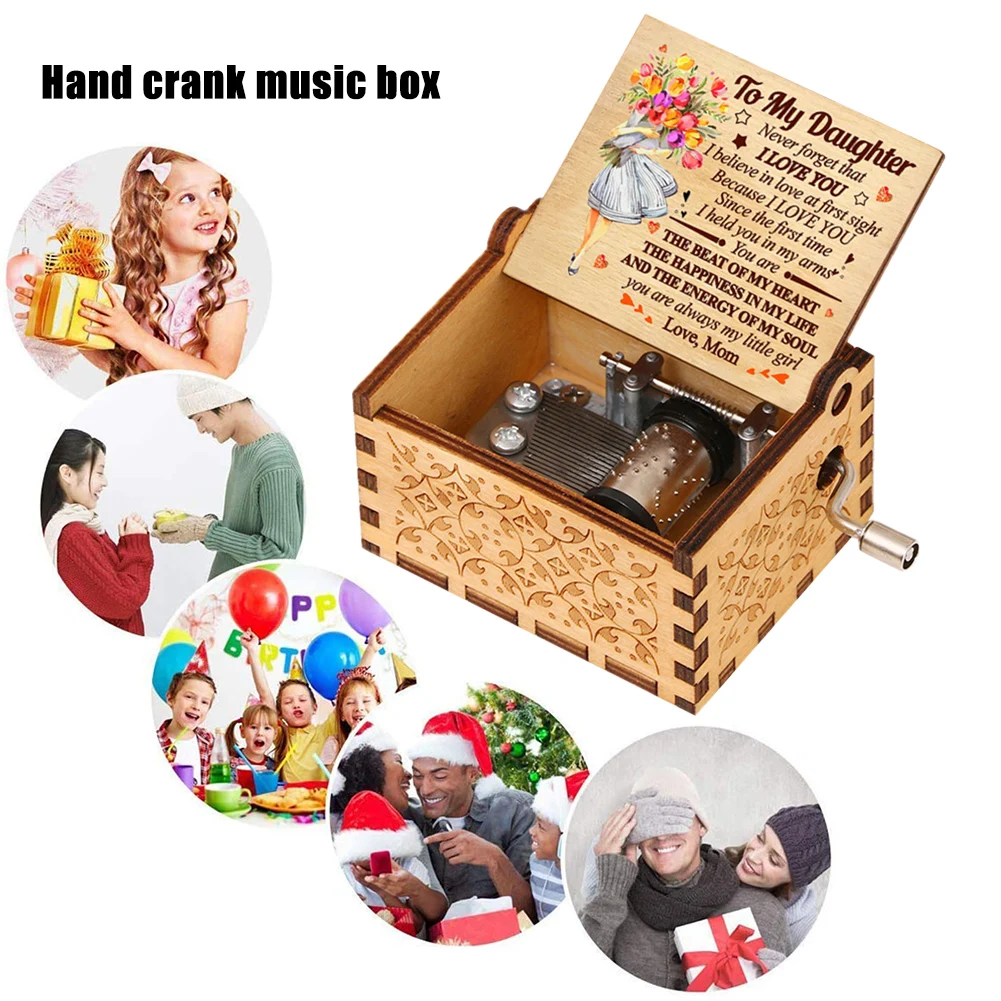 Love You Mom Elegant Painted Music Box Vintage Gift Mom To My Daughter Wood Handmade Crank Carved Music Box Children Kids Gifts