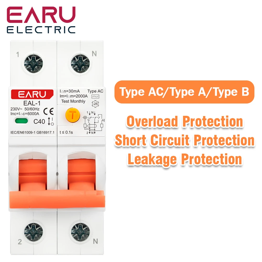 2P 30mA AC A B Type RCBO RCCB MCB Electronic Residual Current Circuit Breaker Over Short Current Leakage Protection EV Charger circuit breaker