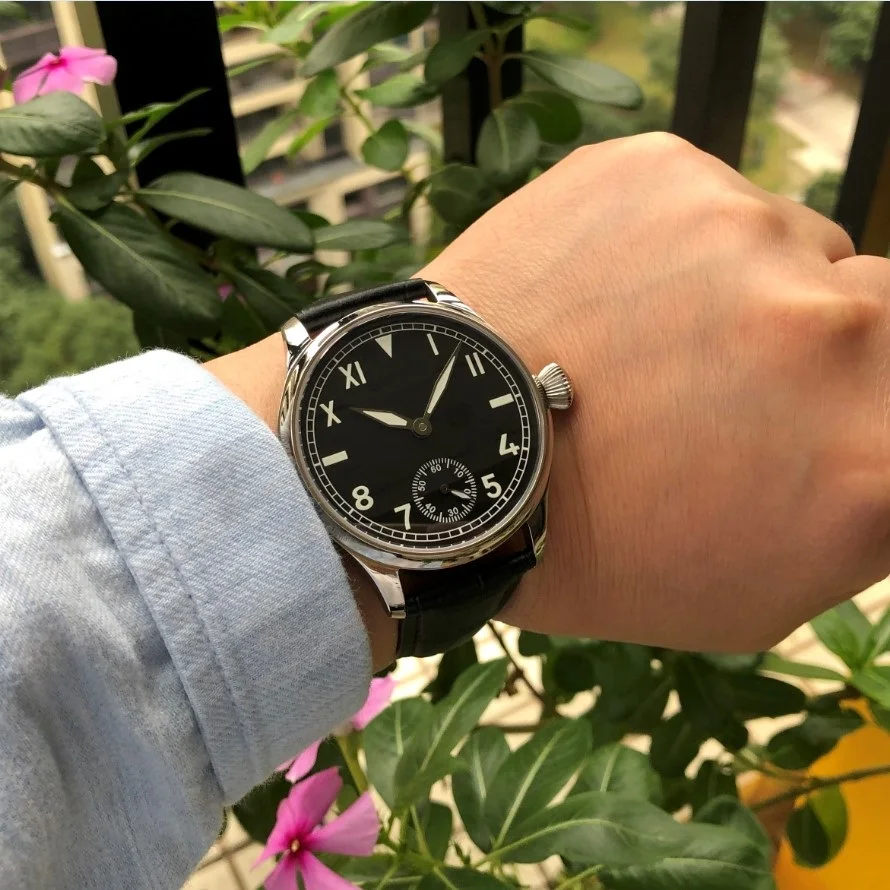 

44mm GEERVO No Logo Sapphire Crystal Or Mineral Glass Black Luminous Dial Asian ETA6498 Mechanical Movement Pilot Men's Watch A