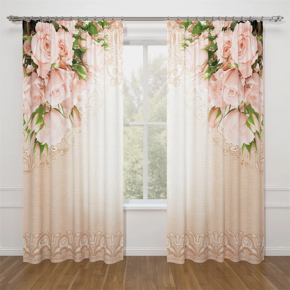 

Romantic Spring Wedding Rose Pink Red Flower Modern 2 Pieces Free ShippingThin Window Curtain for Bedroom Living Room Home Decor