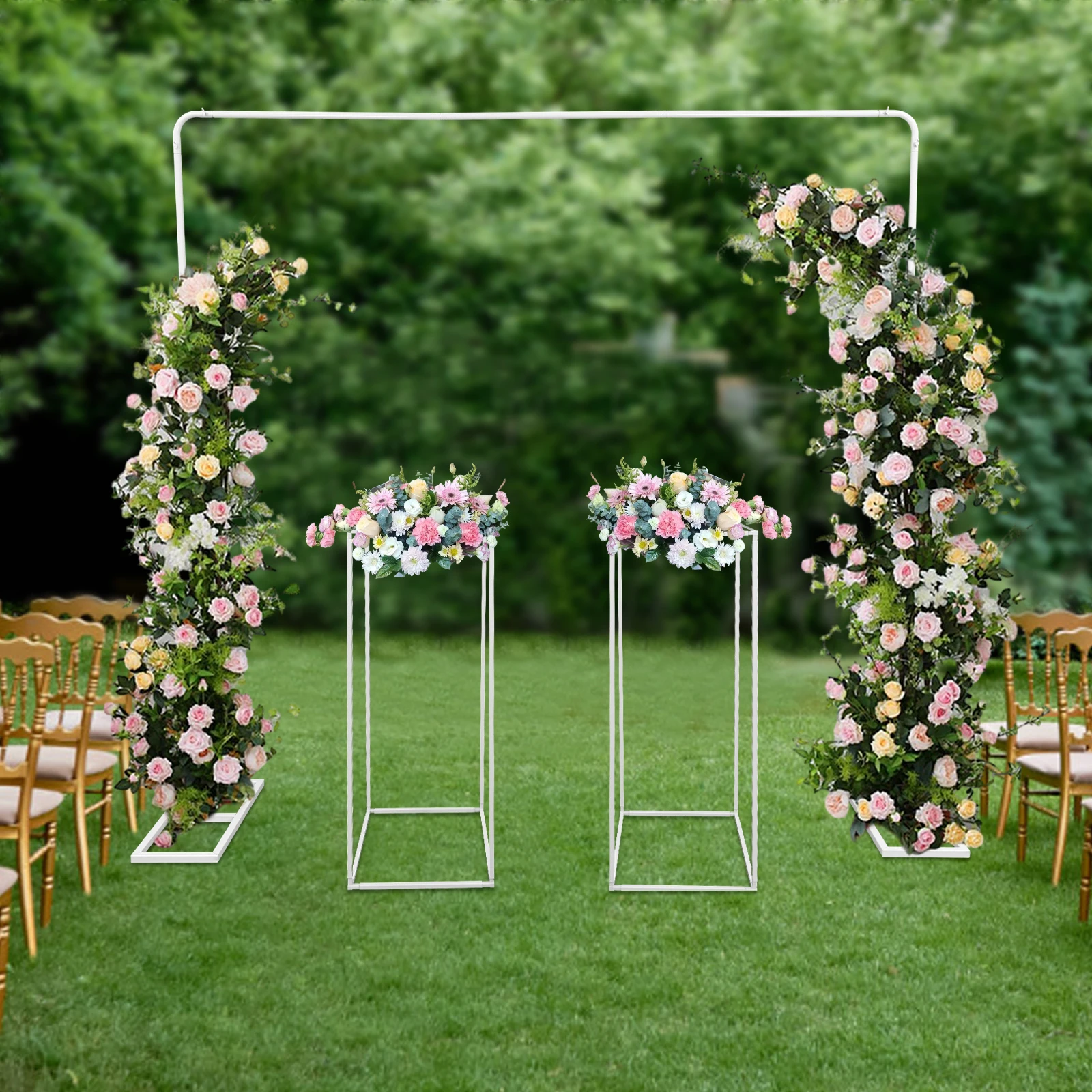 1 of Ballon Arch 2M Stand and 2 of Flower 80cm Stands Set, 3pcs Backdrop Frame for Wedding Party Ceremony Indoor Outdoor Decor P
