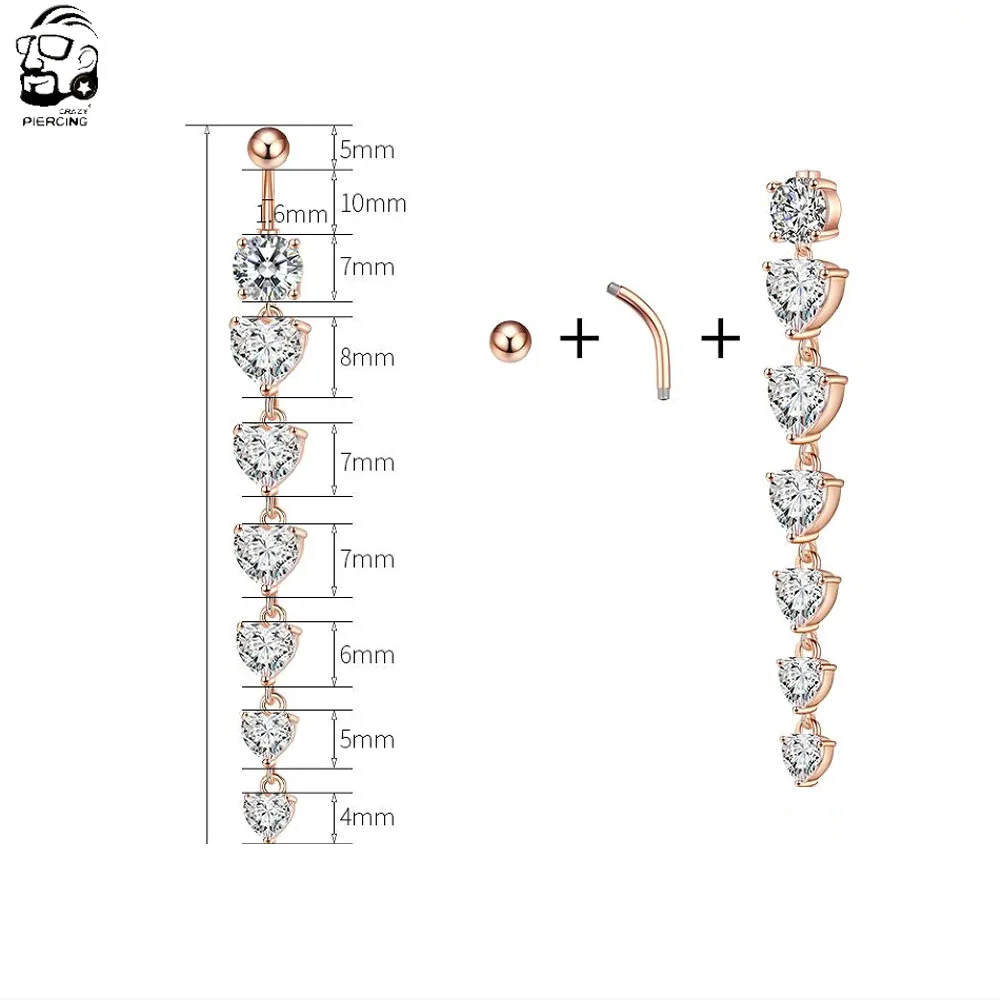 Piercing Jewelry Belly Button Piercings Body Jewelry 7 Heart Crystals Long Dangled Belly Button Rings Surgical Steel 14g Cuved Bar