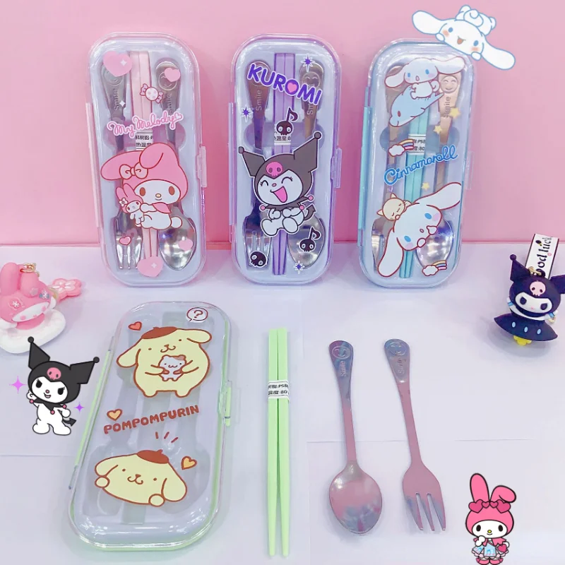 

Cartoon Sanrio Kuromi Cinnamoroll My Melody Resin Chopsticks Stainless Steel Spoon Fork Three Portable Storage Tableware Set