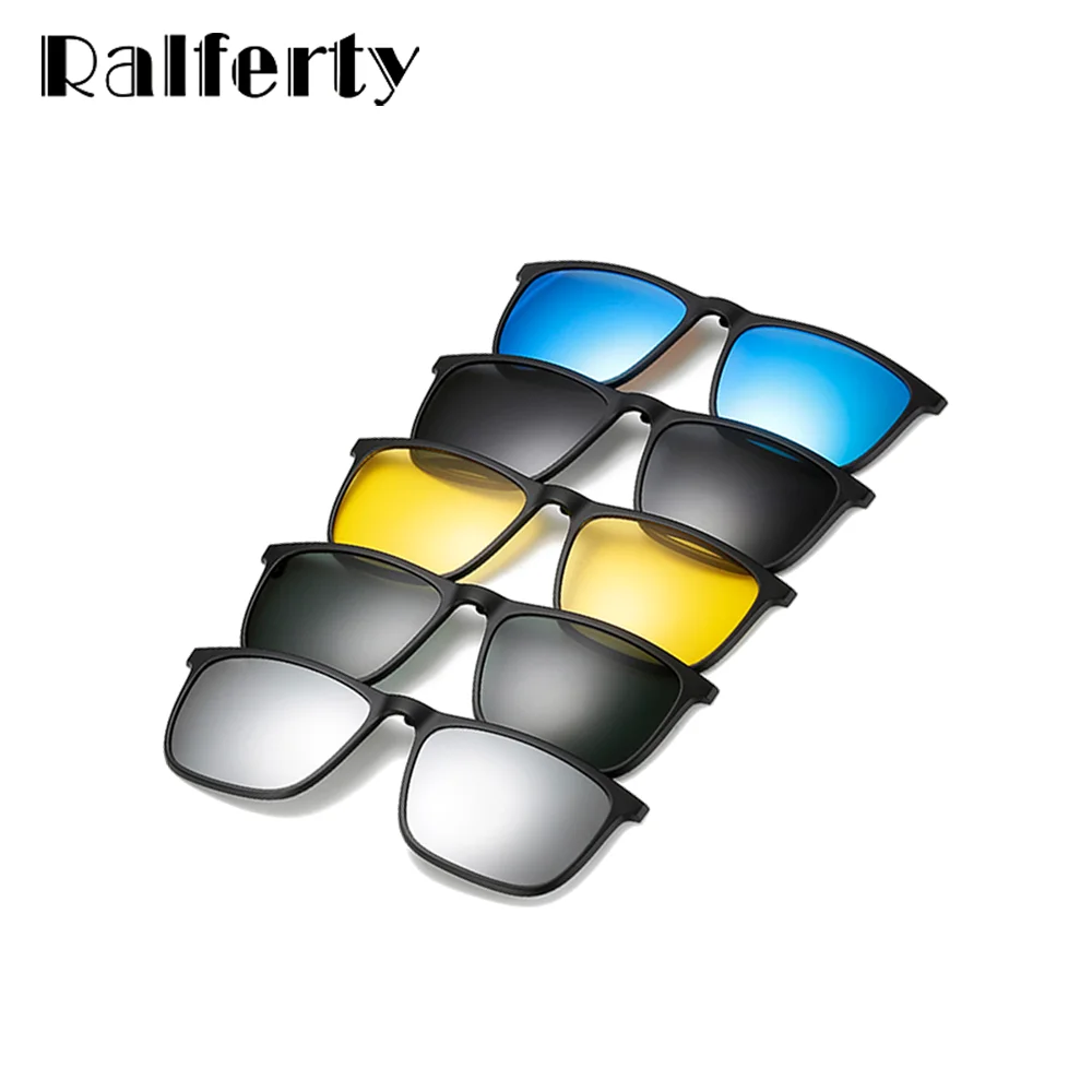Ralferty Magnetic Sunglasses Men 5 In 1 Polarized Clip On Sunglass Women Square Sunglases Ultra-Light Night Vision Glasses A8804