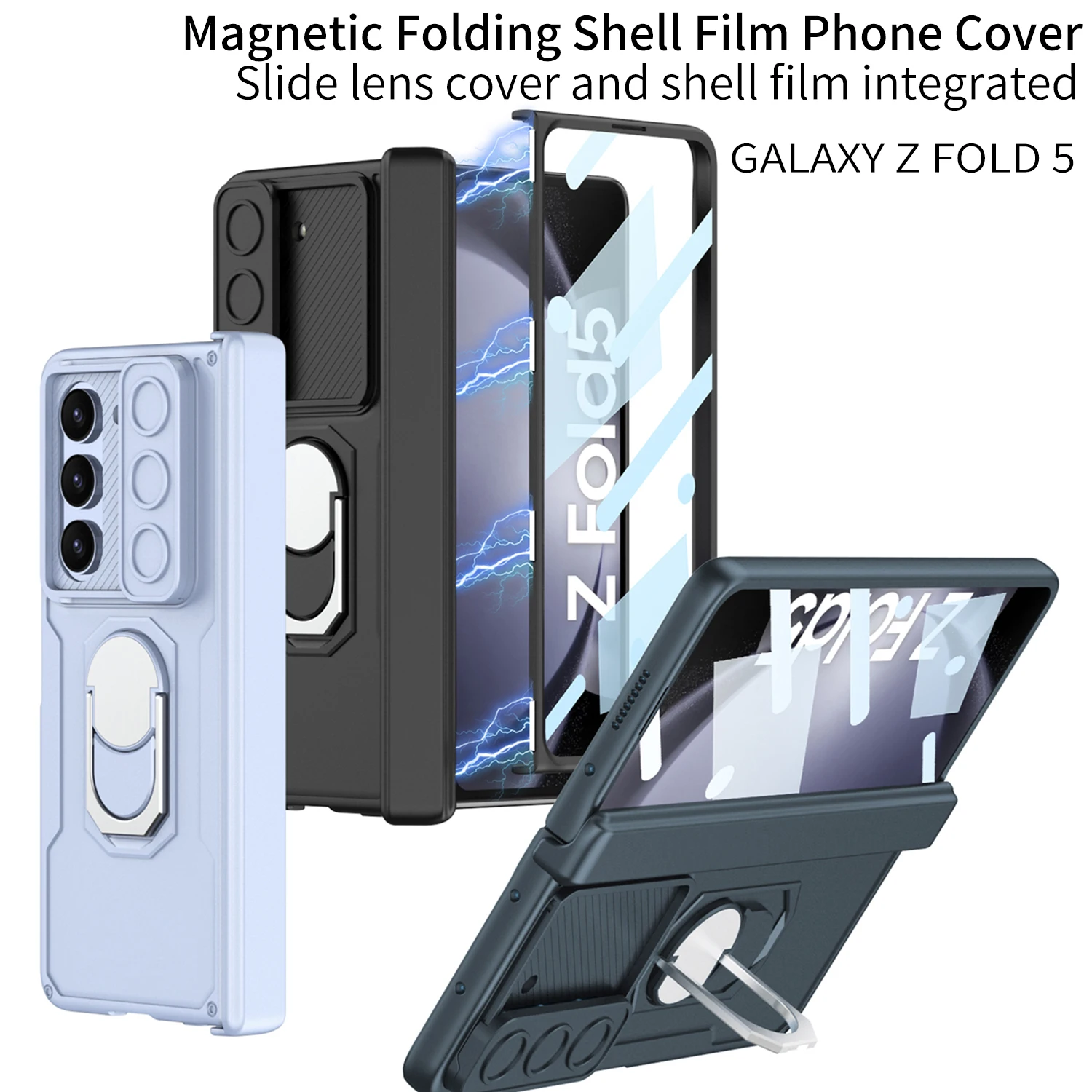 GKK Slide Camera Cover For Samsung Galaxy Z Fold 5 Fold5 Metal Ring Bracket Magnetic Hinge Protection Case With Glass Protector