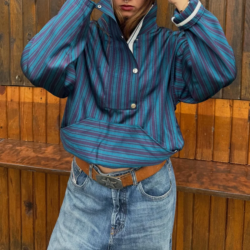 Autumn New Pocket Loose Commute Sweatshirt Vintage Stripe Contrast Color Printed Pullovers Elegant Long Sleeve Stand Collar Tops