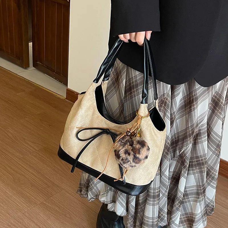 Bow Slouchy Shoulder Bag Solid Color PU Tote Handbag Large Casual Commuter Bag Lightweight for Women Travel Shopping Daily Use