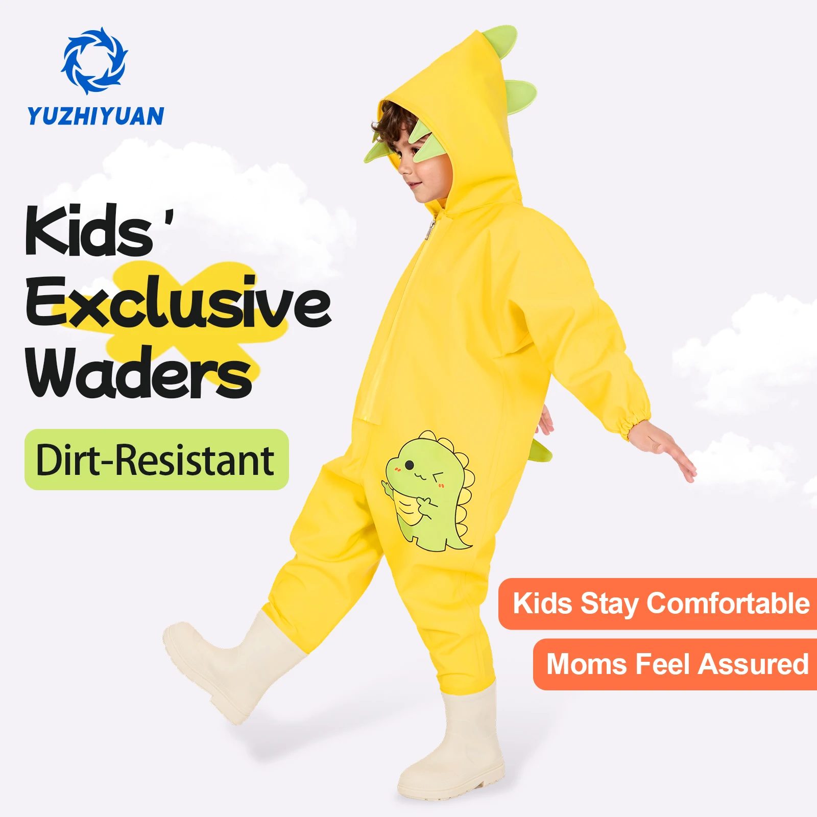 Kids' Wading Pants (Yellow)-PVC Material, Thickened & Durable, Cute Pattern, Suitable for Outdoor Activities & Beach Play