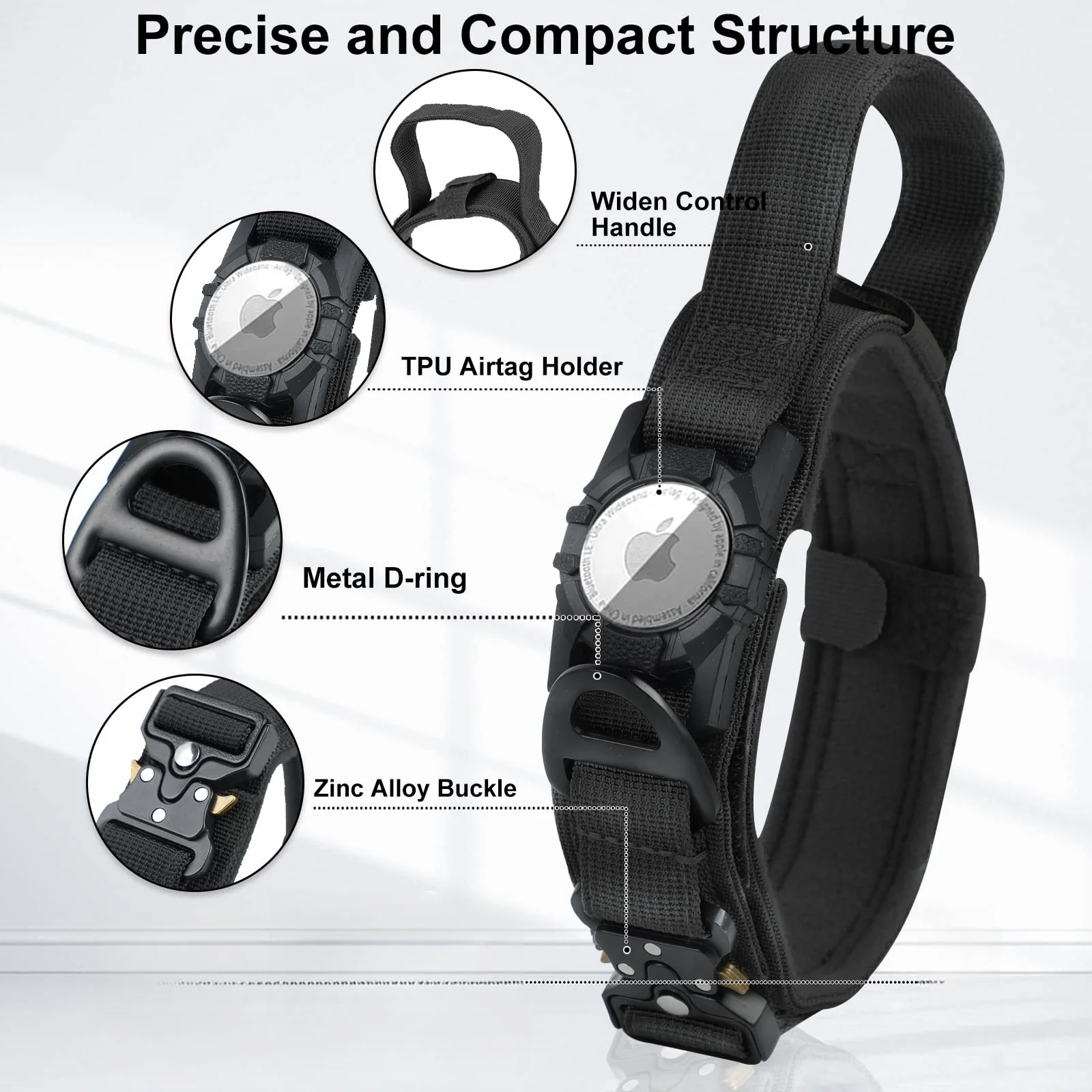 AirTag Tactical Dog Collar with AirTag Holder and Handle Military Dog Metal Buckle Adjustable GPS Collar for Medium Large Dogs Dog Collar Pet Collar