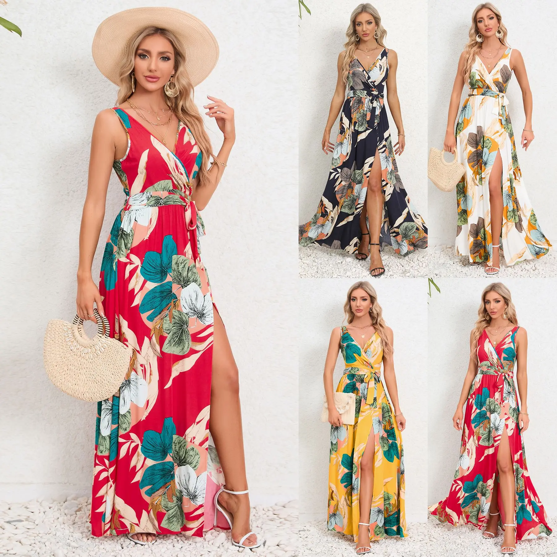 

2024 summer women's new style double V-neck sleeveless slit printed long suspender dress for women