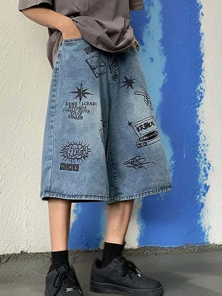Summer Men Bodybuilding Embroidered Shorts Jeans Male Wide Leg Knee Length Retro Denim Pants Loose Graffiti Drawstring Pants 6