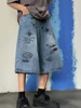 Summer Men Bodybuilding Embroidered Shorts Jeans Male Wide Leg Knee Length Retro Denim Pants Loose Graffiti Drawstring Pants 6