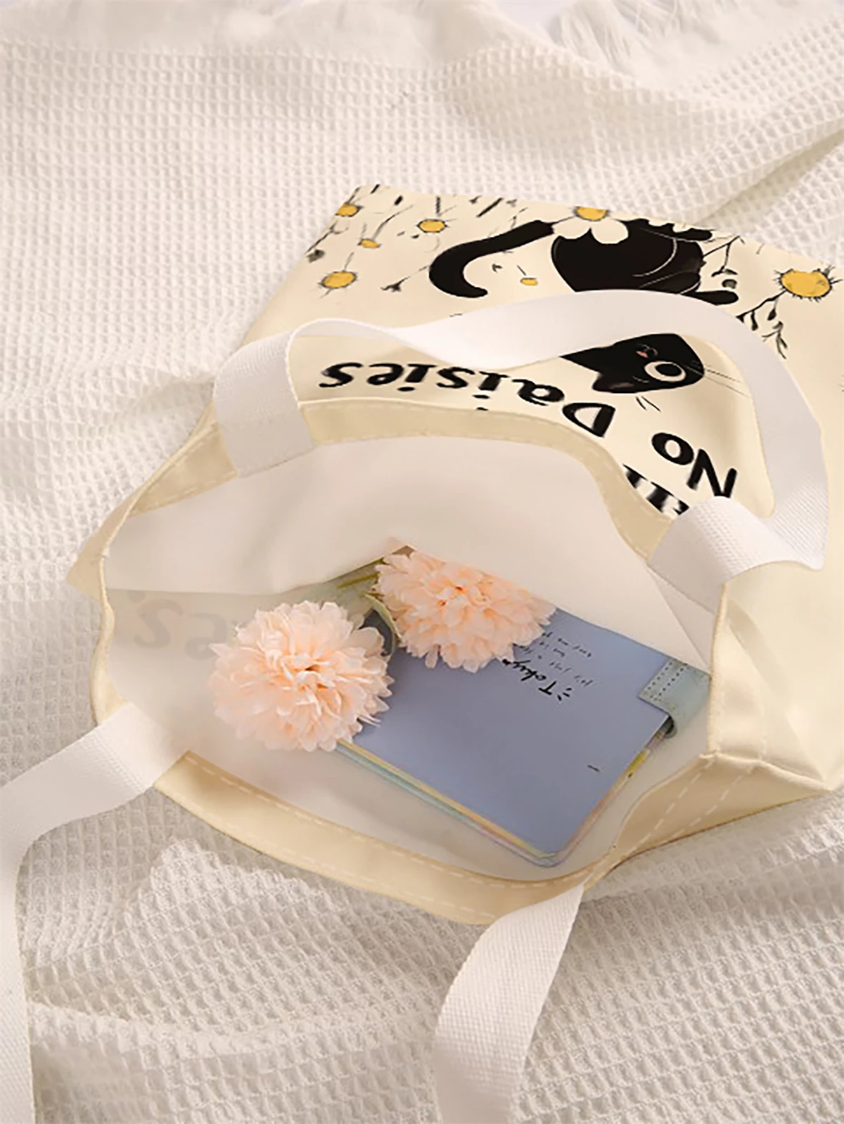 Cartoon cat print casual handbag, reusable fashion backpack, versatile tote bag, canvas shopping bag