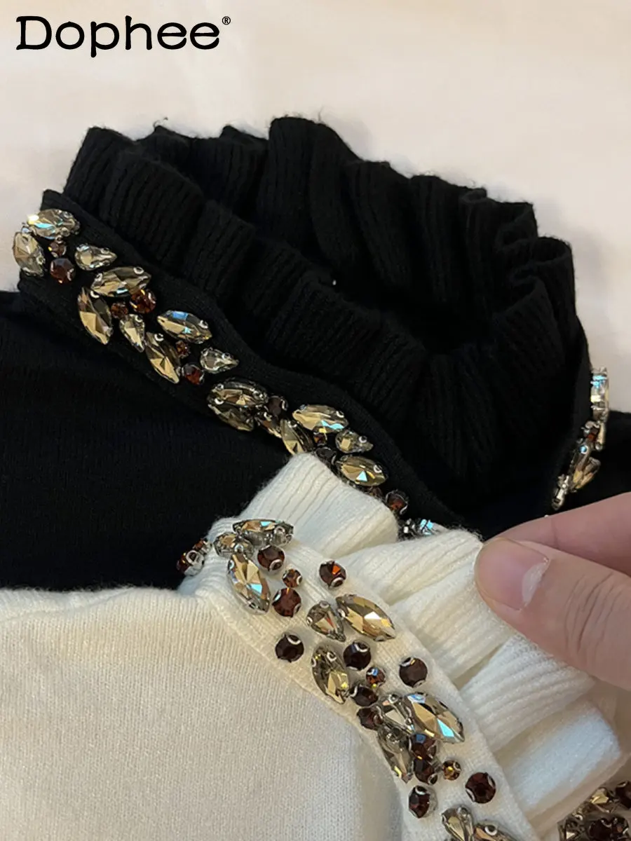 

French Stand Collar Ruffled Exquisite Rhinestone Knitwear Jumper Women Fall Winter High-Grade Slim Bottoming Shirt Black Sweater