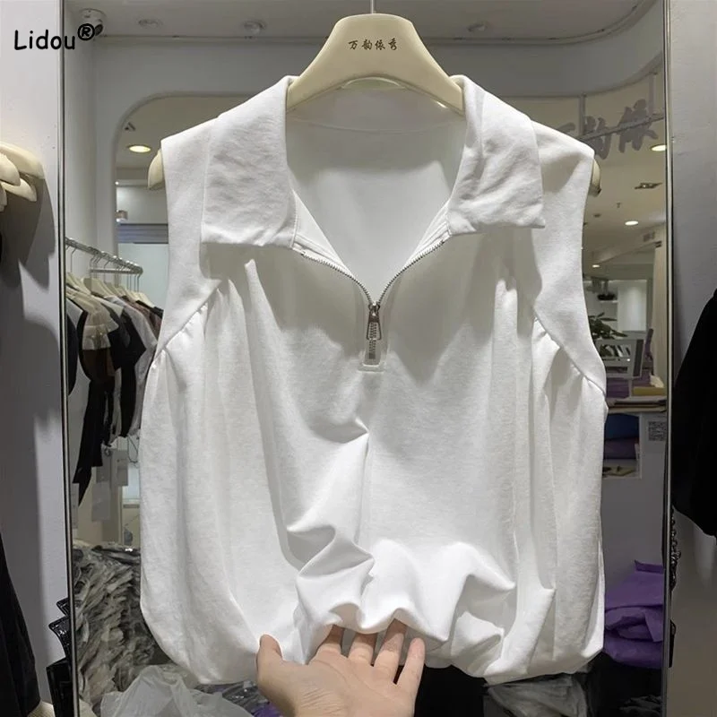 

Casual Trend Zipper Polo-Neck Sleeveless Tops 2024 Summer Fashion Women's Clothing Solid Color Simplicity T-shirt for Female