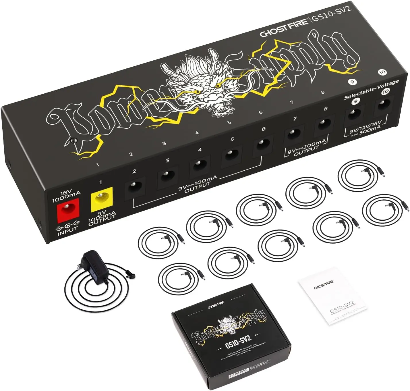 GHOSTFIRE GS10-SV2 10-Output Guitar Pedal Power Supply 9V 