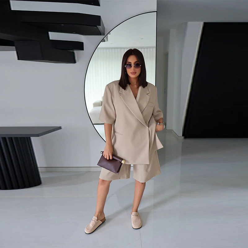 Casual One Button Slit Suit Women Loose Solid Lapel Short Sleeve Pockets Jackets  Summer Lady All-match Commute Outwear New