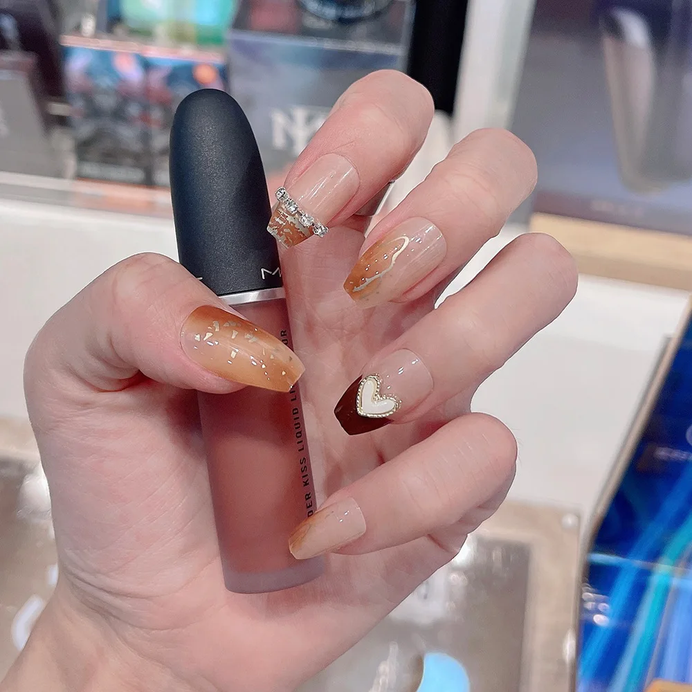 24 Pcs Short Coffin Press On Nails with Rhinestone