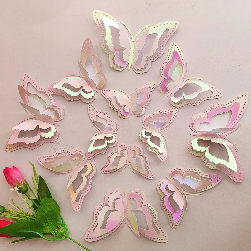 3D Effect Gradient Butterflies Wall Sticker 12pcs Living Room Wedding Decal Butterfly For Birthday Home Decor DIY Party Sticker