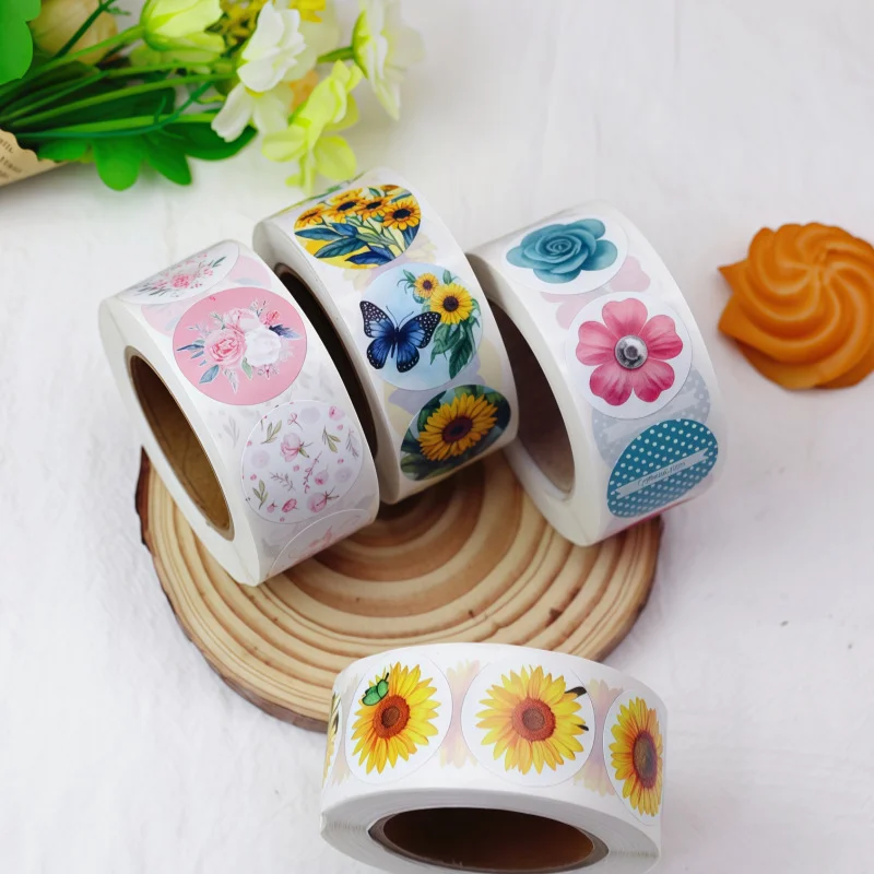 500Pcs/Rolls 2.5cm Beautiful Flower Sunflower Sticker Decoration Gift Box Sticker Label Stationery Sticker