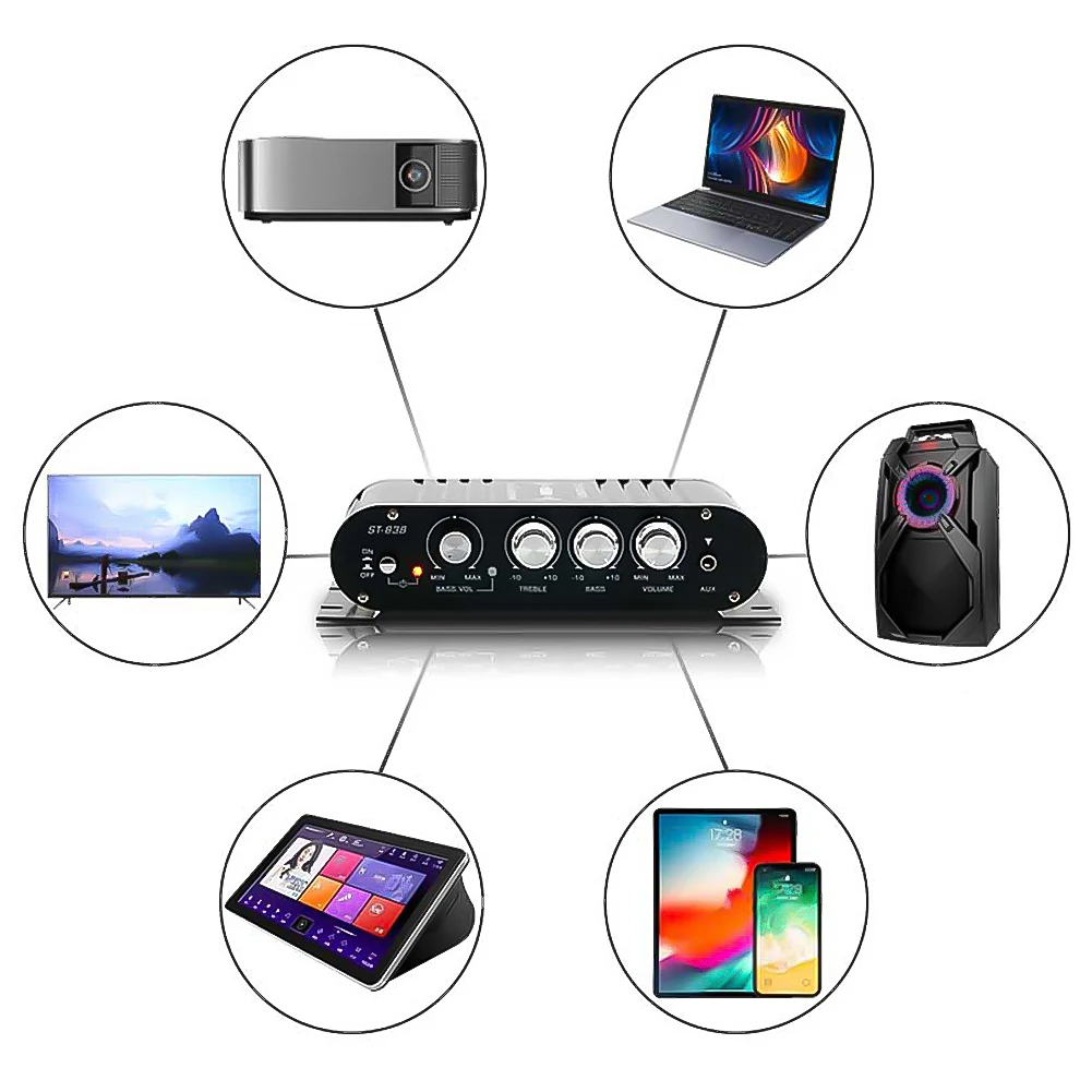ST-838 HiFi 2.1 채널 서브우퍼 앰프 베이스 사운드 앰프 조정 80W * 2 오디오 앰프 자동차 홈 앰프 미니 미디어 플레이어