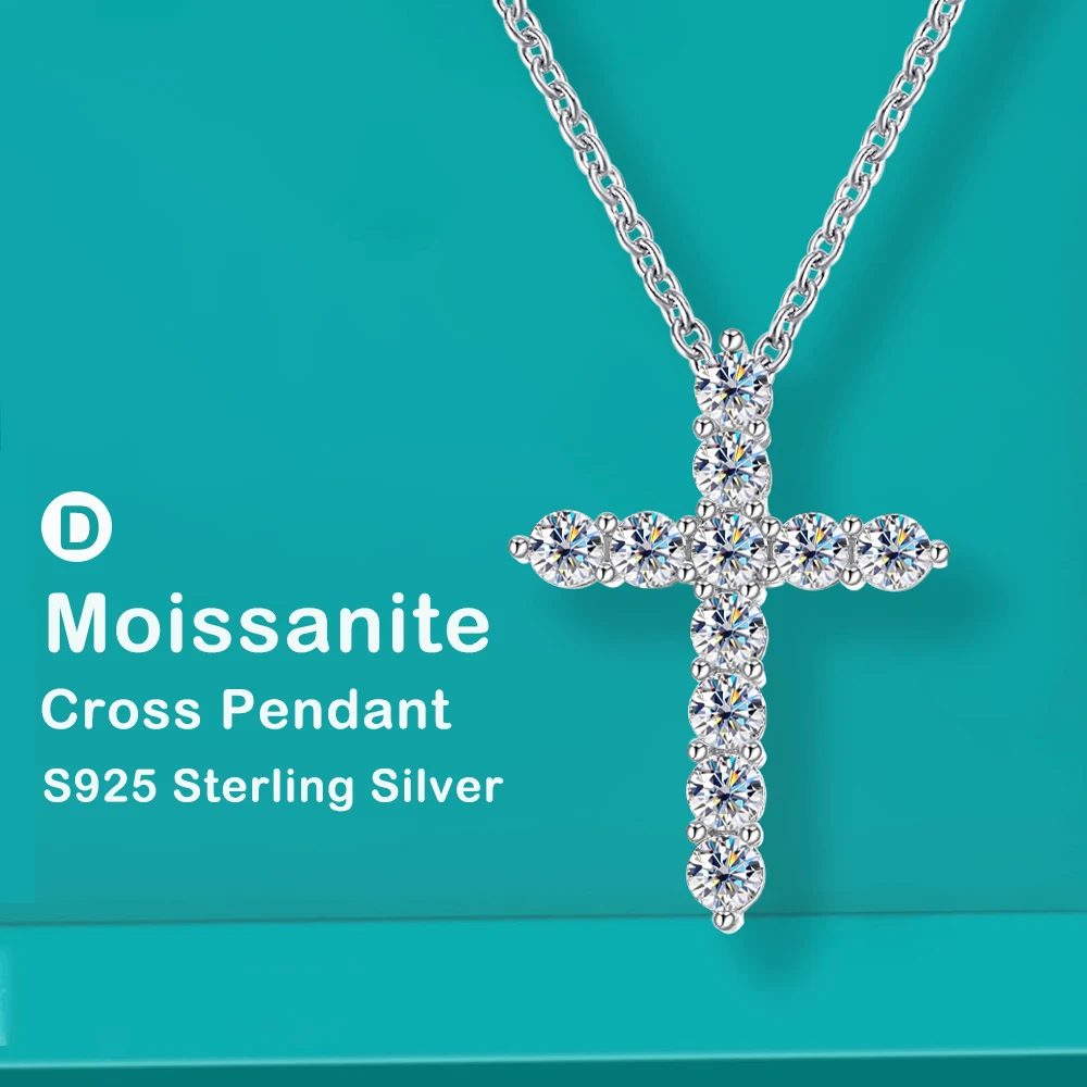

Full Moissanite Cross Pendant Necklace Original 925 Sterling Sliver Chain Plated 18k White Gold Fine Necklace for Women