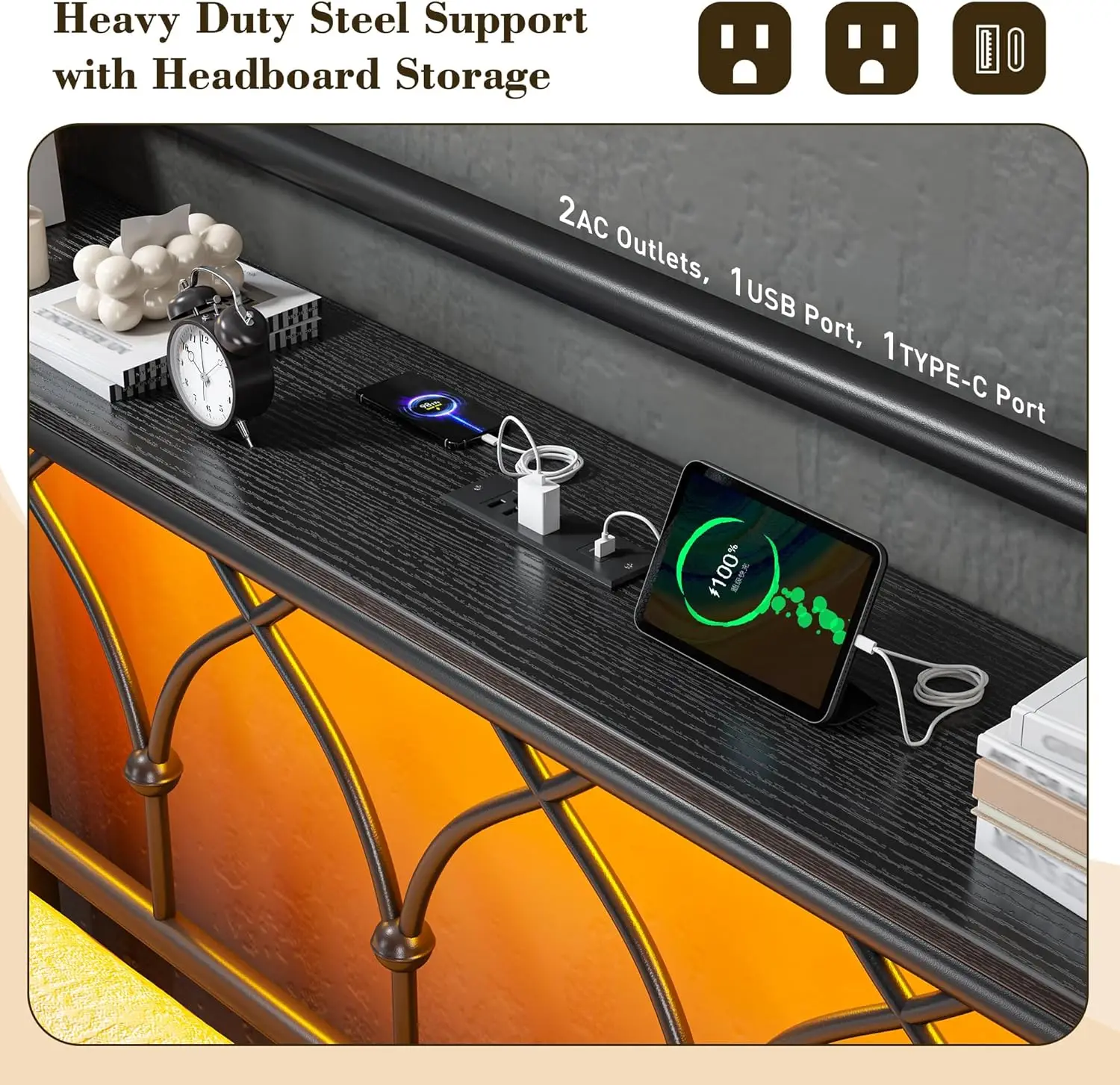 King Bed Frame with Headboard, Metal King Size Bed Frame with LED Lights and Power Outlets, Heavy Duty Steel Slats Support