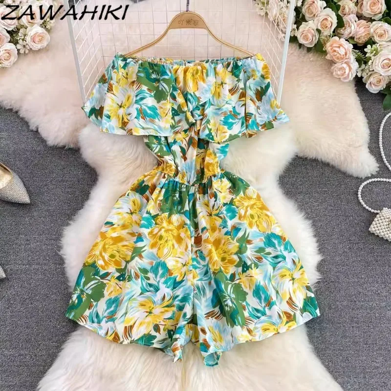 

Temperament Jumpsuit Women Slash Neck Off Shoulder Print Ropa Mujer Ruffles Slim Waist Wide Leg Female Clothing for Holiday