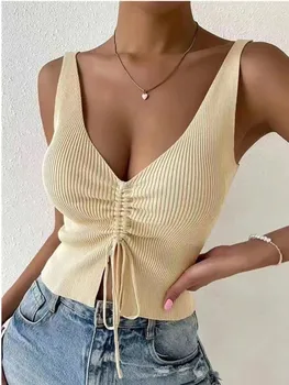 Nuove donne di estate coulisse davanti a costine top in maglia Femme sexy scollo a V senza maniche crop top vestiti alta elasticità spacco corto serbatoio 1