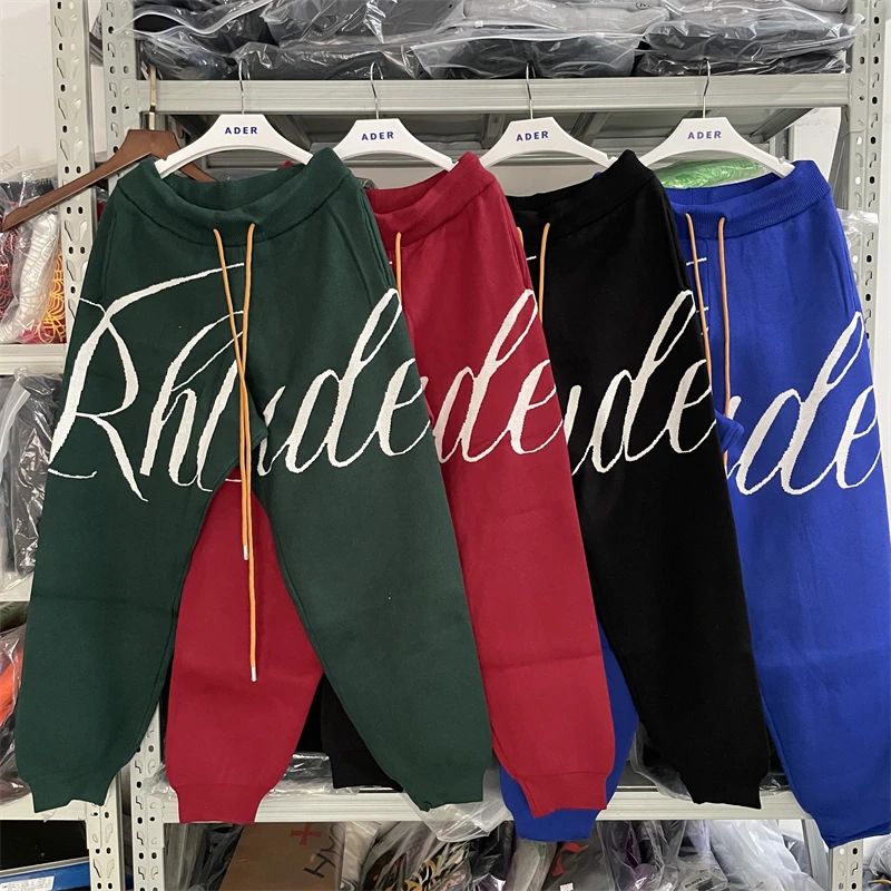 

Gym New Knitted Rhude Logo Sweatpants Men Women Best Quality Drawstring Vintage Big Jacquard Rhude Pants Japanese Streetwear