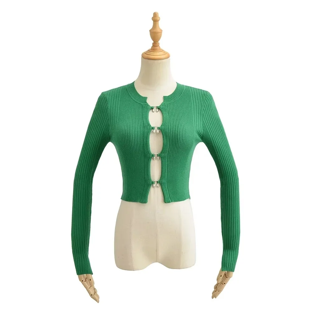 Women Cropped Knitted Cardigan With Metal Cut Out Hooks Buttons
