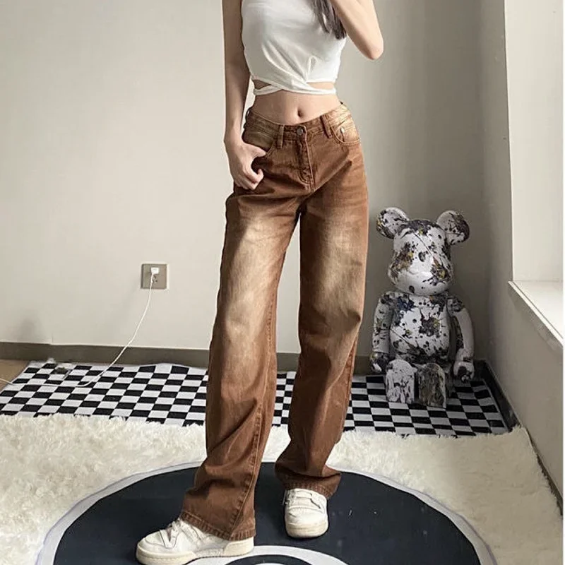 

Retro Brown Straight-leg Jeans Women's Autumn Loose Korean Version of The Thin Casual Gradient Color Wide-leg Mopping Trousers