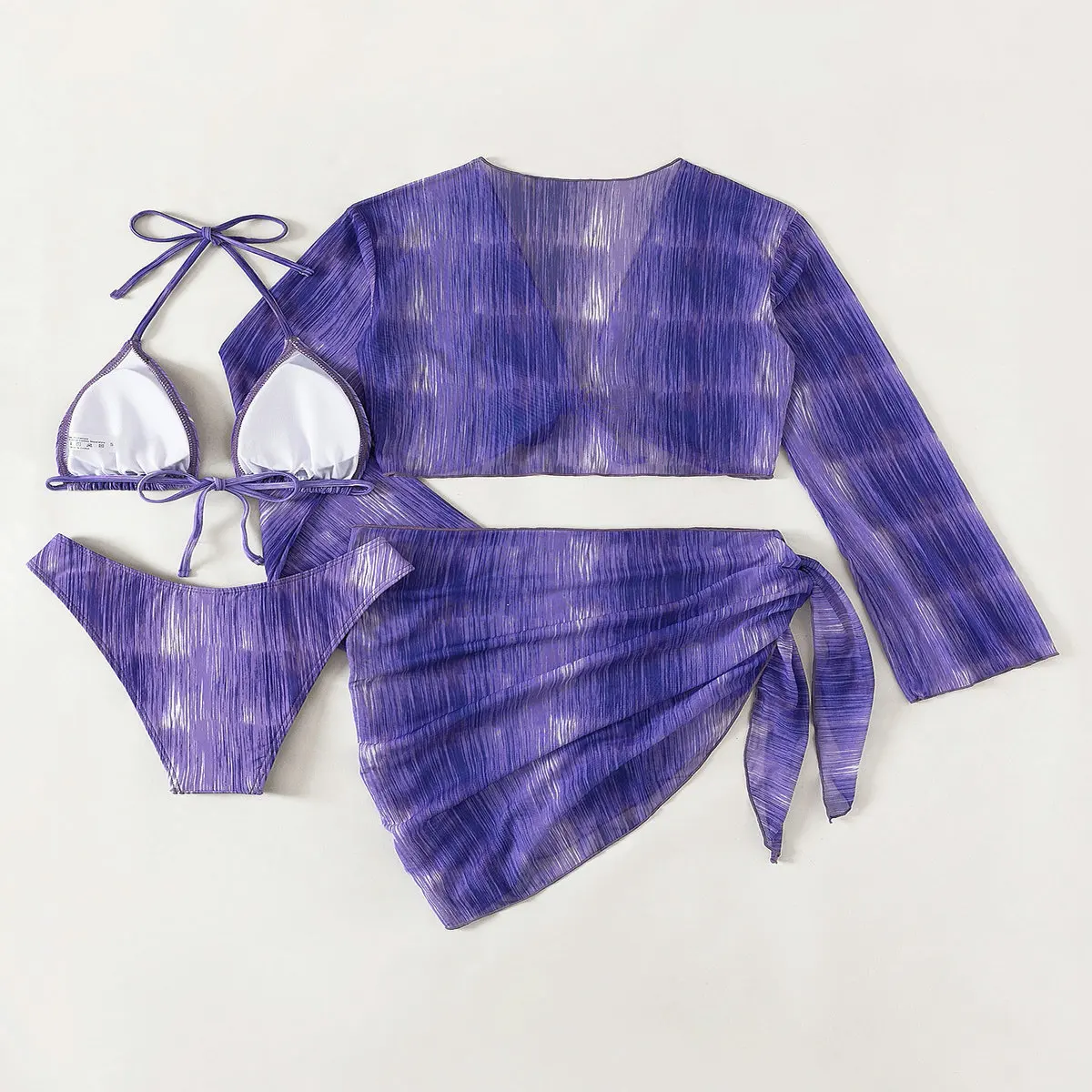 Women Clothing Swimsuit Suit Sexy Bikini Suit Women's Split Four-piece Set Striped Lace Print Long-sleeved Ins Bathing Suit YA32