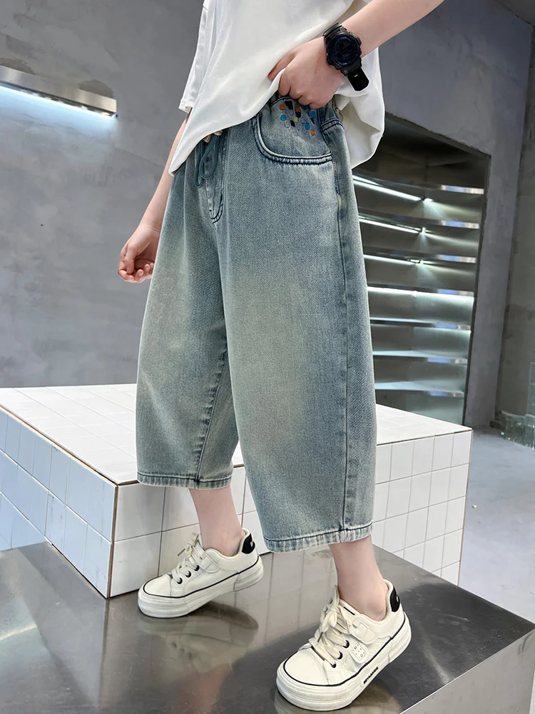 시크한 7부 남아 반바지 여름 신상 청반바지 중간 허리 밴딩 워싱 가공 트렌디한 아동복