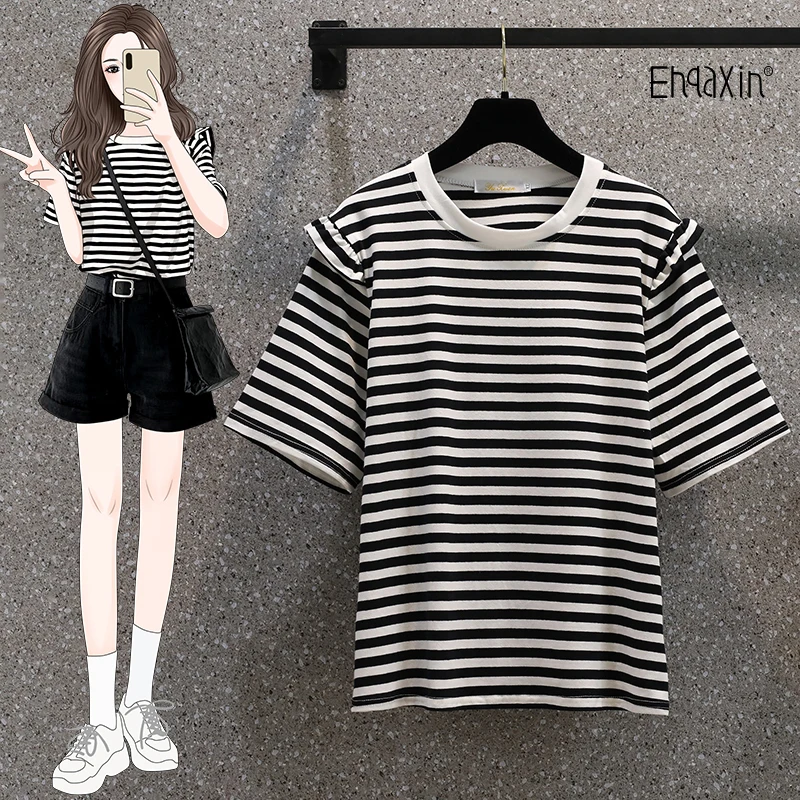 

EHQAXIN 2022 New Ladies Striped Short Sleeve T-Shirt Summer Casual Loose Versatile Short Sleeve Grace Tops For Female M-4XL
