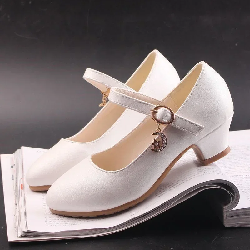 

Children Girls Leather Shoes White Princess High Heel Shoes For Kids Girls Performance Dress Student Show Dance Sandals 28-41