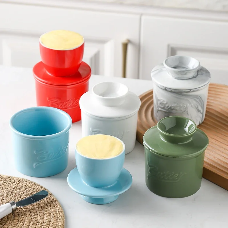 Multi Color Butter Crock with Lid Modern Round Ceramic Butter Holding Plates Keeper Cheese Storage Container Butter Storage Box