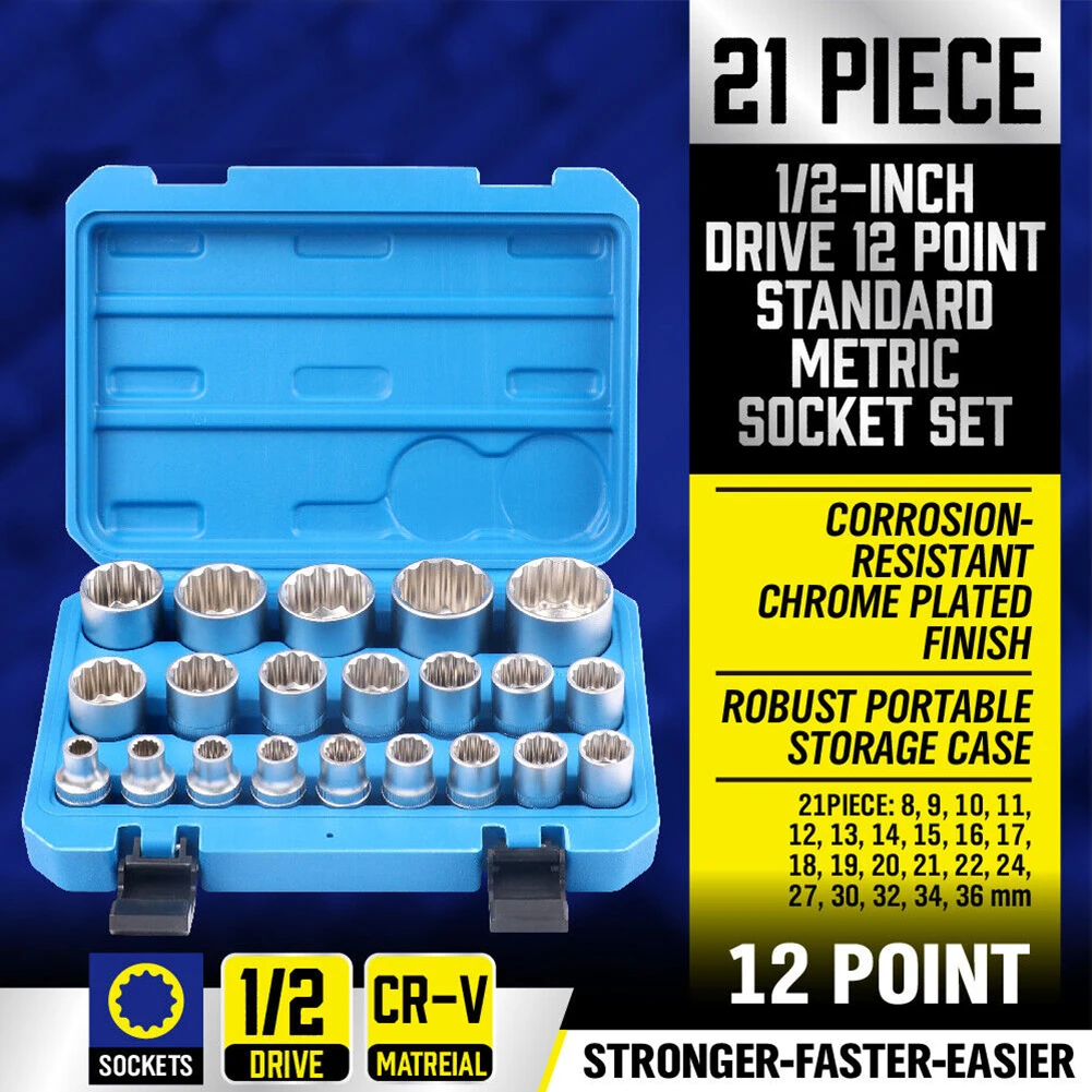 

21Pc 12-Point Socket Set 1/2-inch Drive Grip Sleeve Storage Case Metric 8mm-36mm