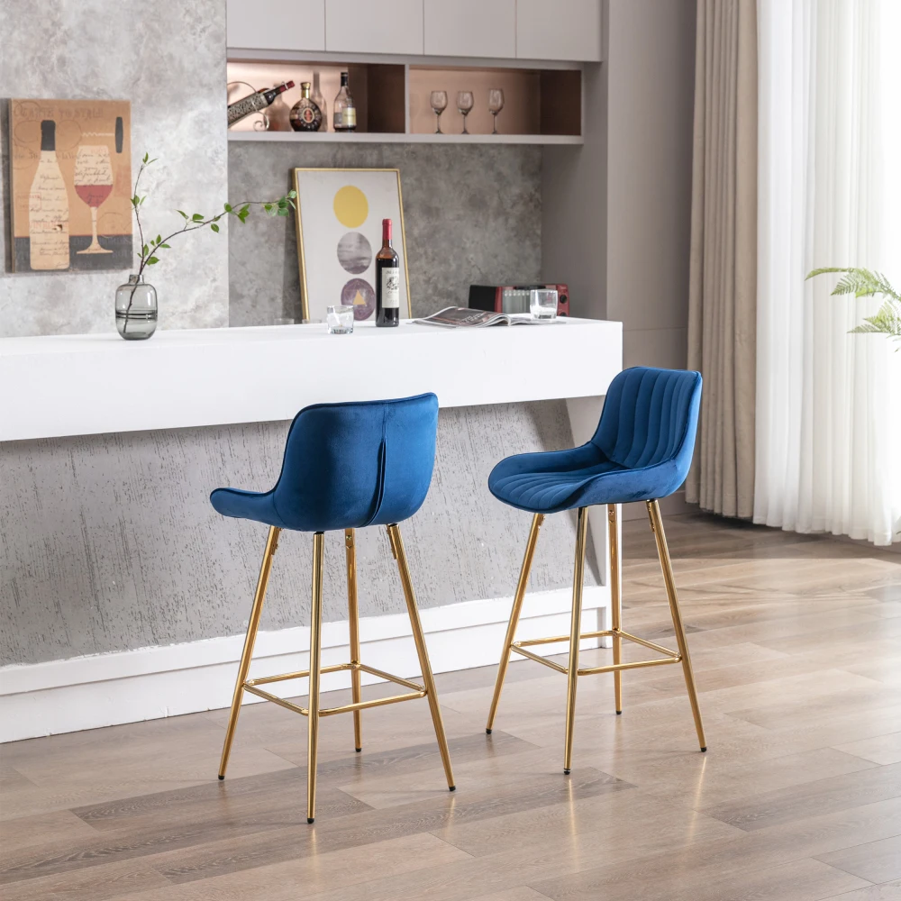 26 Inch Set of 2  Stools,with Steel Frame Footrest Velvet Fabric Golden Leg Simple  Stool,BLUE 4