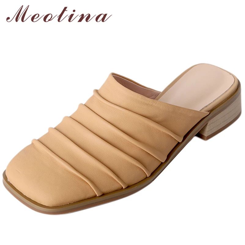 

Meotina Genuine Leather Women Mules Shoes SheepSkin Thick Heels Pumps Pleated Mid Heel Ladies Footwear Spring Yellow Apricot 40