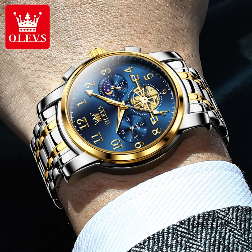 Olevs 2900 Maanfase Heren Horloge High-End Rvs Waterpijp Lichtgevende Mode Skelet Chronograaf Quartz Horloge Voor Heren