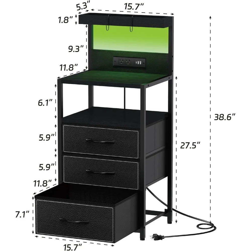 LED Nighstand with Charging Station, Dresser Nightstands with 3 Drawers and LED Lights, Nightstand with 3 Shelf and Hooks 2