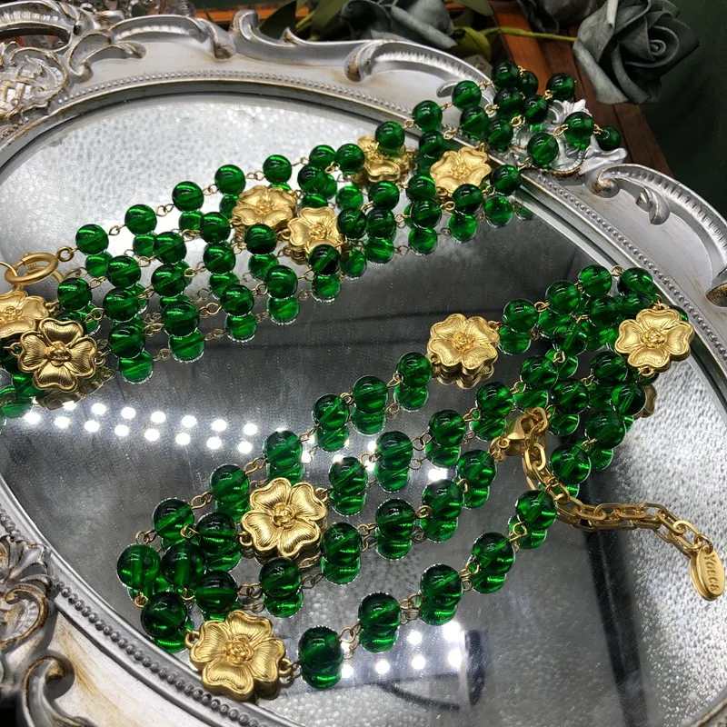 2268550-0af05b.jpg S43f5a8741279482796fad94b18fa1493r Fashionable Retro Style Four Leaf Flower Glass Bead Long And Short Necklace Is Available High-End Women To Choose From Mallzona