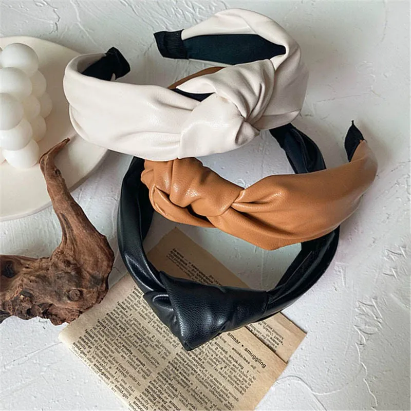 New PU Bow Knot Headband for Women Hair Hoop Knotted PU Artificial Leather Girl Hair Band Ladies Headwear Hair Accessories solid color girls winter autumn headband twisted knotted soft elastic baby girl soft elastic turban twist headband headwear