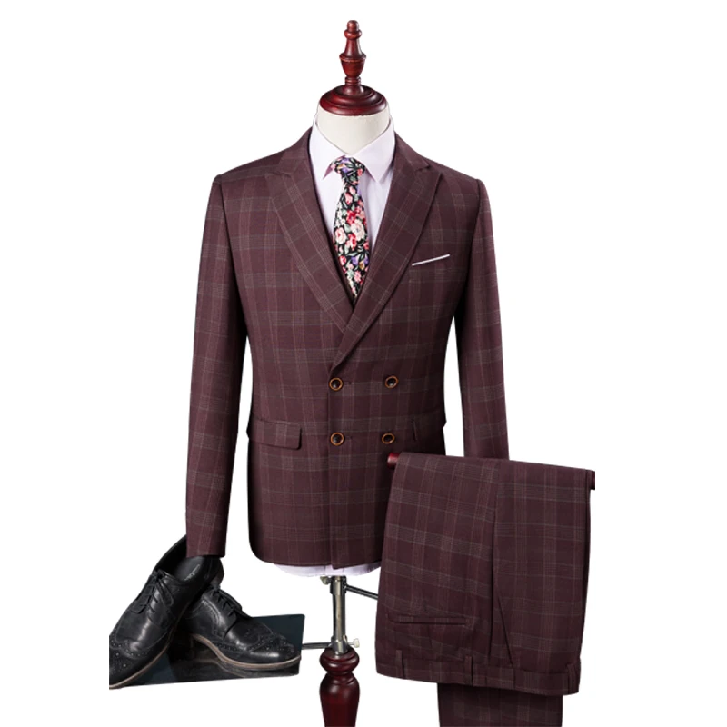

Men's Slim Fit 3 Pieces Suit Double Breasted 2 Buttons Business Casual Wedding Prom Formal Wine Red Suits Jacket Vest & Trousers